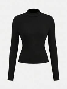 SHEIN Girlism 少女秋季校园风校园装，黑色立领针织毛衣长袖 T 恤 + 卡其色格子百褶裙休闲两件套，适合秋冬季分层搭配，返校季，女童 T 恤套装 - 黑色 - 查看 6