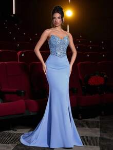 Glamrae Váy maxi xẻ tà xương cá lưới đính đá 3D sang trọng màu xanh navy thanh lịch, phù hợp cho mọi dịp trang trọng, hẹn hò, kỳ nghỉ, tiệc tùng, tốt nghiệp, đám cưới, dạ tiệc, sự kiện trang trọng - Màu xanh nhạt - Xem 5