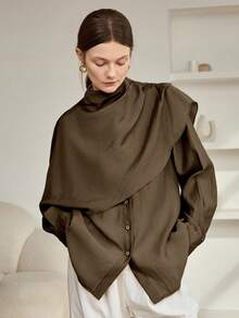 Dazy-Less 女士宽松雪纺衬衫休闲商务办公装长袖披肩领适合春夏秋季 - 巧克力棕 - 查看 2