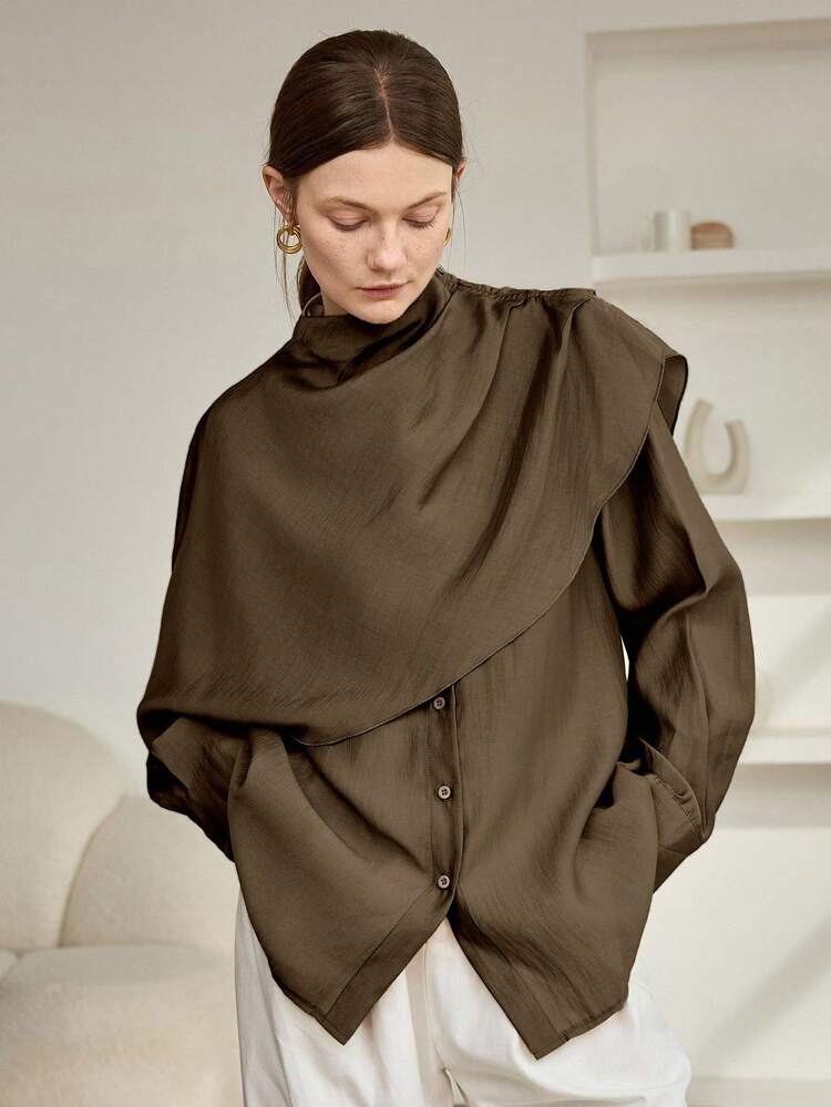 Women's Loose Chiffon Blouse, Casual Business Office Wear, Long Sleeve, Shawl Collar, Suitable For Spring, Summer, Autumn