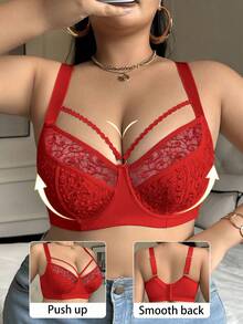 SHEIN 1 件加大码网眼刺绣钢圈文胸，提升型 - 紅色 - 查看 5