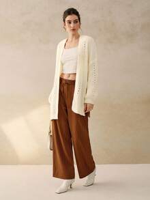 INAWLY Cardigan feminino de malha longa, solto, com ombros caídos, cor sólida, outono/inverno - Branco - Ver 3