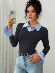 Selianne 海軍藍與白色秋季優雅校園返校女款修身 AB 拼接領口半開襟喇叭袖長袖針織條紋 T 恤 - 藏蓝色 - 查看 3