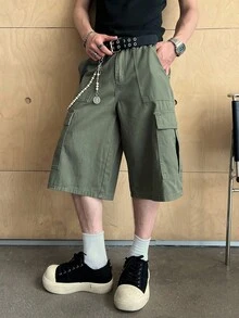 Manfinity EMRG 男士休闲纯色工装牛仔短裤，夏季 - 橄欖綠 - 查看 7