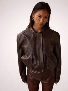 SHEIN BAE Women's Solid Color Long Sleeve Zip-Up Casual Loose PU Leather Jacket, Autumn,Women's Leather Jacket,Women's Winter Jacket,Chic Women's Jacket,Cropped Jacket,Brown Jacket - Coffee Brown - View 7