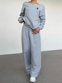 Aloruh 2 Potong Setelan Sweatshirt Wanita Kasual, Olahraga, Gaya Kuliah dengan Cetakan Logo Kuda Kecil, Cocok untuk Musim Kembali ke Sekolah, Musim Gugur/Musim Dingin. - Grey - View 7