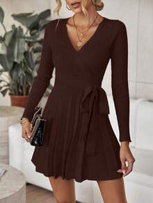 EMERY ROSE Women's Solid Color Wrap Tie Waist Long Sleeve Pleated Hem Casual Knit Dress, Autumn - Coffee Brown - View 6