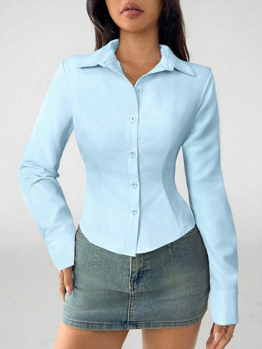 SHEIN PETITE 基本款休闲长袖收腰衬衫 - 淺藍色 - 查看 1