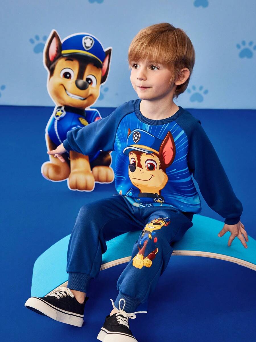 SHEIN | PAW Patrol Young Boy Cartoon Cute Gradient Color Puppy Print Contrast Color Raglan Sleeve Loose Sweatshirt And Sweatpants Set Boy Clothes - Blue - View 1