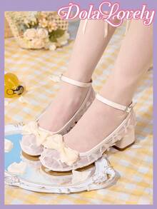 Dola Lovely 女式杏色圆头浅口鞋，低鞋面粗跟高跟鞋，网眼透气蝴蝶结玛丽珍鞋，时尚百搭夏季鞋履
