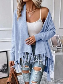 EMERY ROSE 流苏饰边垂领裹身开衫不对称毛衣女装连衣裙毛衣优雅毛衣长毛衣长袖毛衣女士长袖上衣长袖流苏上衣蓝色长袖上衣流苏上衣 - 藍色 - 查看 4