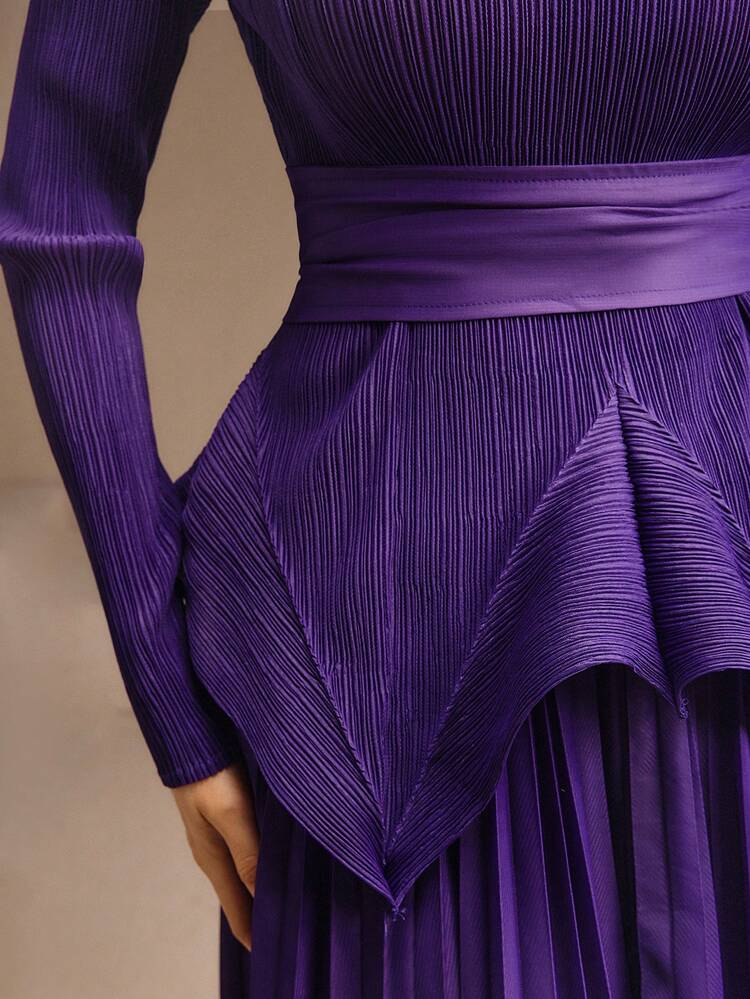 Women's Autumn Round Neck Pleated Waist Long Sleeve Top + Asymmetrical Three-Layer Skirt, Elegant, Chic, Suitable For Party, Christmas, New Year, Wedding