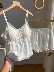 Comfortcana Knitted Camisole With Padded Bra & Shorts Lace Trim Loungewear Set - White - View 4