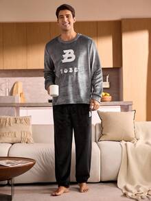 Manfinity Underwear&Sleepwear Basics Men's Minimalist Letter Embroidery Crew Neck Long Sleeve Top And Pants Fluffy Pajama Set, Fall Winter Clothes, Cozy - Grey - View 4