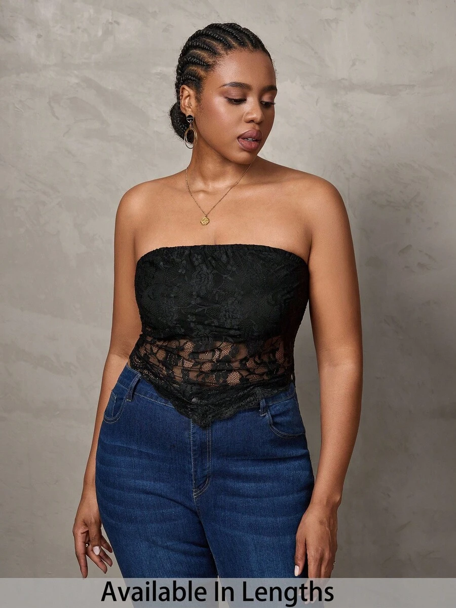 SHEIN Tall CURVE Große Größen Damen Einfarbig Einfaches Alltagsoberteil mit Spitzenverzierung Spitzen-Tube-Top Tube-Top Spitzenoberteil Tube-Top mit BH Spitzen-Bodysuit