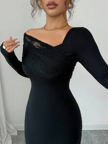Modelyn Women's Elegant Lace Patchwork Midi Dress - Black - View 6