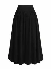 SHEIN PETITE 女式纯色高腰针织休闲A字裙 - 黑色 - 查看 2