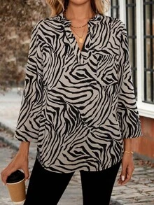 EMERY ROSE 女士春季印花翻领七分袖衬衫，适合秋季穿着的女士工作衬衫，动物纹印花上衣，斑马纹印花衬衫，斑马纹印花上衣，女士外出休闲衬衫 - 彩色 - 查看 3
