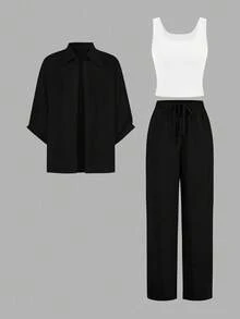 SHEIN LUNE 2024 新款三件套女士秋季穿搭：别致的梅拉德衬衫、修身阔腿裤、时尚西装外套 - 黑與白 - 查看 8