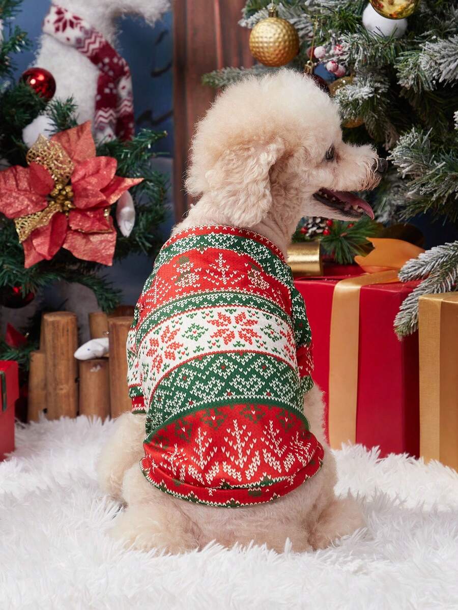 PETSIN 1pc Christmas Striped Red And Green Print Dog Hoodie, Pet Warm Coat - Multicolor - View 1