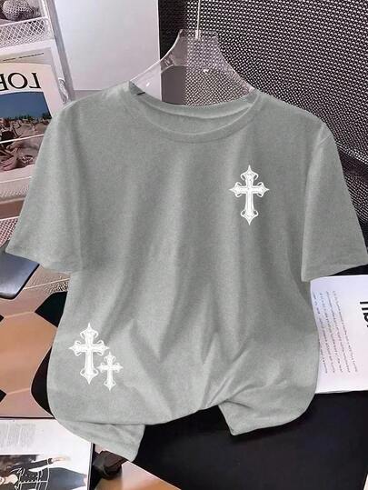 INAWLY Women's Cross Printed Short Sleeve T-Shirt Graphic Tees Women Tops