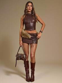 SHEIN BAE 女式纯色低腰 PU 皮革紧身迷你裙，性感时尚 - 咖啡棕 - 查看 1