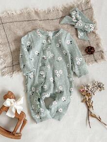 SHEIN Bộ đồ liền thân dài tay vải gân họa tiết hoa cổ tròn có khóa kéo phía trước dành cho bé gái, mùa thu/đông - màu xanh lá - Xem 6