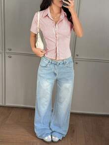 Chiquease 法式修身黄白条纹短袖优雅办公室女式衬衫衬衫纽扣上衣条纹衬衫短款衬衫女式衬衫和上衣 - 紅色 - 查看 4