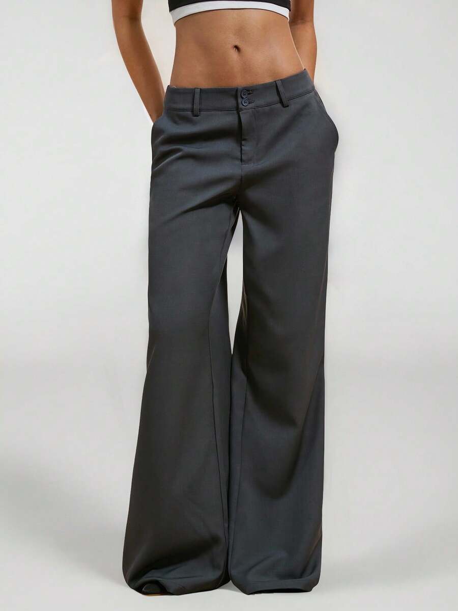 SHEIN EZwear Plus Size Casual Minimalist Style Floral Gray Flared Suit Pants Bell Bottom Pants Gray Pants/ Winter