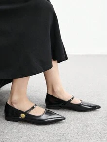 CUCCOO BIZCHIC Women's Pointed Toe Mary Jane Flats With Buckle Strap, Black - Black - View 1