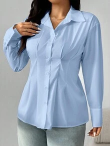 SHEIN EZwear 浅蓝色加大码女式长袖单排扣褶皱设计休闲办公衬衫 - 淺藍色 - 查看 3