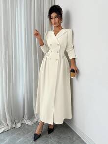 Elenzga 秋冬时尚新款纯色 V 领腰部褶饰 A 字长款风衣，适合派对、节日活动、圣诞节、万圣节、度假、约会、通勤 - 杏色 - 查看 6