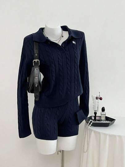 Elamini 2 件套女士休闲百搭户外海军蓝 Polo 领刺绣长袖宽松上衣和直筒针织毛衣短裤套装