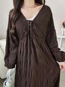 FRIFUL Đầm dài nữ màu nâu, chất liệu vải có họa tiết, thắt eo bằng dây rút, thích hợp cho mùa thu, mặc ngoài trời. - màu nâu - Xem 6