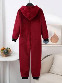 Boys Burgundy Spider Graphic Hooded Long Sleeve One-Piece Pajamas With Zipper Warm And Cozy Sleepwear For Kids Fall Winter - Burgundy - View 9