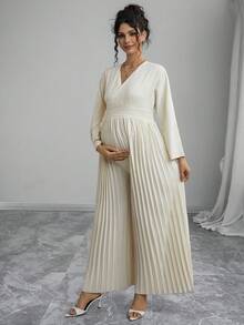 Momance 孕妇连体裤，长袖，V 领，蝴蝶结系带，褶裥裤腿，宽松孕妇裤 - 杏色 - 查看 4