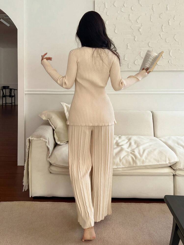 Women's Minimalist Ribbed Knit Long Top And Pants Loungewear Set, Winter, Fall Clothes Pajama, Cozy Outfit