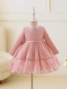 Glamorique Kids New Design Baby Girls Dress, & Elegant Jacquard Mesh Fabric, Suitable For Autumn/Winter, Daily Wear And Party Pink Bow Baby Dress Baby Girl Elegant Dress