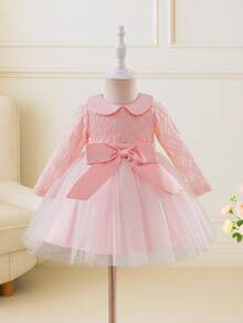 Glamorique Kids Đầm công chúa dễ thương cổ tròn tay dài phối ren lưới nhẹ thanh lịch cho bé gái, thích hợp cho tiệc sinh nhật 1 tuổi, ngày lễ, quà tặng sinh nhật - Màu Hồng baby - Xem 8