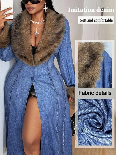 Maweii Plus Size Women's Long Sleeve Faux Denim Ombre Button Elegant Outerwear Jacket With Pockets And Fur Collar, Suitable For Outings, Dates And Gatherings Fall Winter Cloth For Women Autumn
