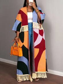 Slaydiva 秋冬新款，宽松几何撞色拼接流苏针织长开衫，适合大码女装，休闲外出、聚会、约会、复古等场合穿着。 - 彩色 - 查看 2