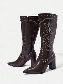 Styleloop Giày bốt cao cổ mũi nhọn gót dày có khóa kéo bên hông dành cho nữ, bốt cá mập, bốt nâu, bốt cao bồi, đế trong, phong cách thời trang Âu Mỹ, thích hợp cho tiệc Halloween - màu nâu - Xem 3