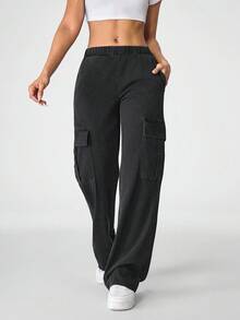 Flexra 女式松紧腰工装口袋阔腿宽松休闲牛仔裤 - 黑色 - 查看 6