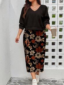 EMERY ROSE 2 件套返校和教师节大码女式休闲复古秋季花卉和叶子印花运动衫连衣裙套装，秋冬 - 彩色 - 查看 3