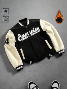 PAVTROS Men's Letter Graphic Contrast Color Zipper Front Casual Baseball Jacket, Autumn/Winter Letterman Jacket Fleece Jacket Mens Varsity Jacket Streetwear Jacket Fleece Lined Jacket Letter Men Jacket