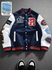 Manfinity Campus Court Men's Contrast Color Patchwork Front Button Fashionable Street Baseball Jacket With Embroidered Logo Custom Varsity Jacket , Fall/Winter - Multicolor - View 3