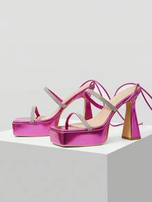 MOTF SQUARE TOE RHINESTONE PLATFORM HIGH HEEL SHOES - Hot Pink - View 3