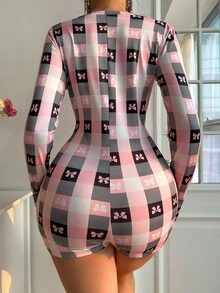 Women'S Plaid Bow Print Pajama Romper , Cozy And Elegant Details, Fall & Winter - Pink - View 2