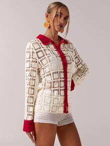 SHEIN Forever 21 休闲夏季茶会海滩度假秋冬季撞色滚边毛衣 - 紅色 - 查看 7