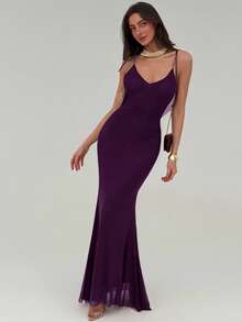 Aloruh Valentine's Day Burgundy Romantic Date Party Spaghetti Strap Bodycon Backless Draped Neck Maxi Mesh Dress For Women,Fall Wedding Guest Dress,Wedding Guest Dress Women